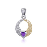 Double Angel Wings Silver and 14K Gold Plate Pendant with Gemstone MPD5286