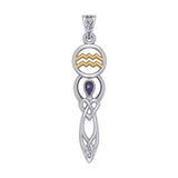Celtic Goddess Aquarius Astrology Zodiac Sign Silver and Gold Accents Pendant with Garnet MPD5933
