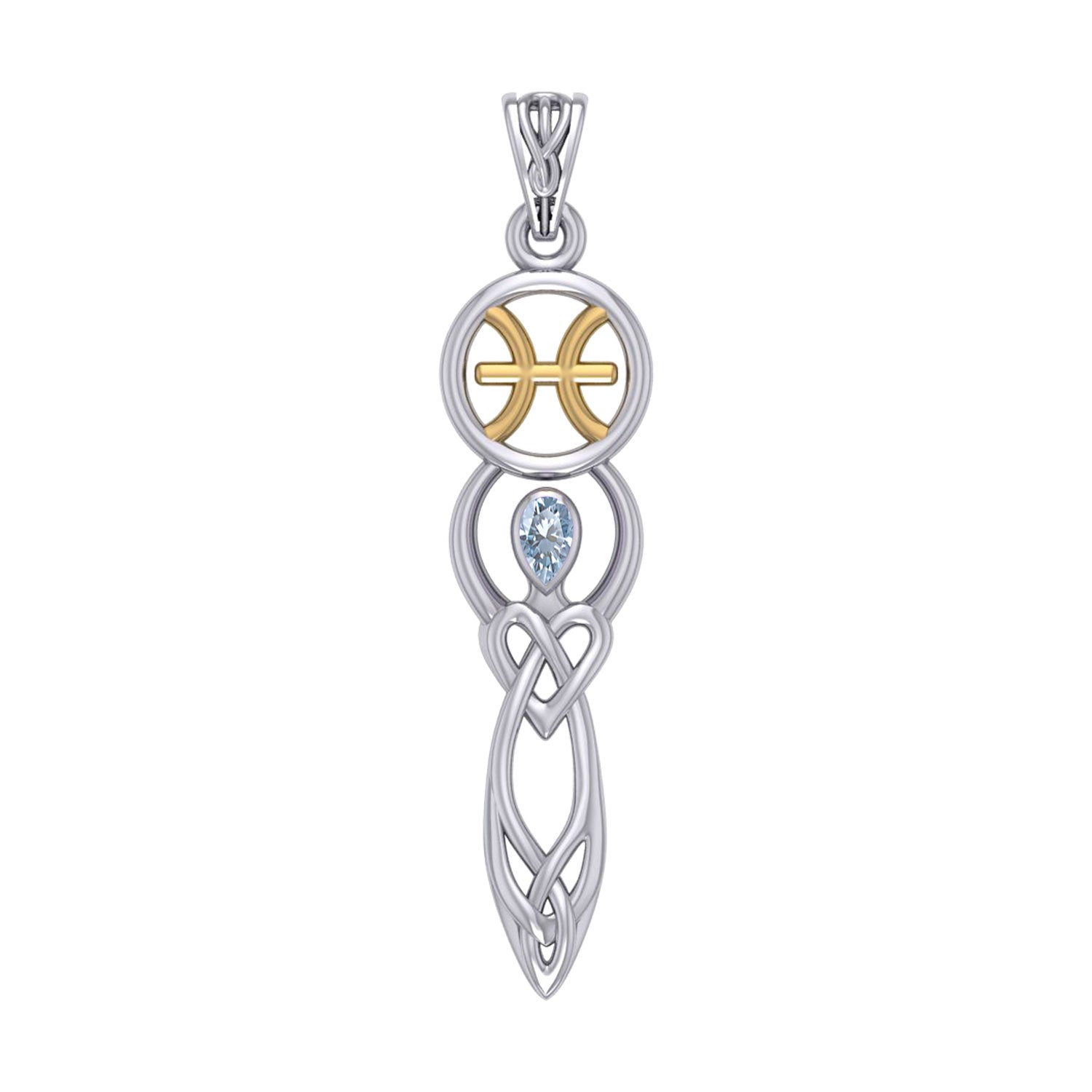 Celtic Goddess Pisces Astrology Zodiac Sign Silver and Gold Accents Pendant with Aquamarine MPD5934