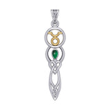 Celtic Goddess Taurus Astrology Zodiac Sign Silver and Gold Accents Pendant with Emerald MPD5936
