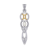 Celtic Goddess Gemini Astrology Zodiac Sign Silver and Gold Accents Pendant with Mother of Pearl MPD5937
