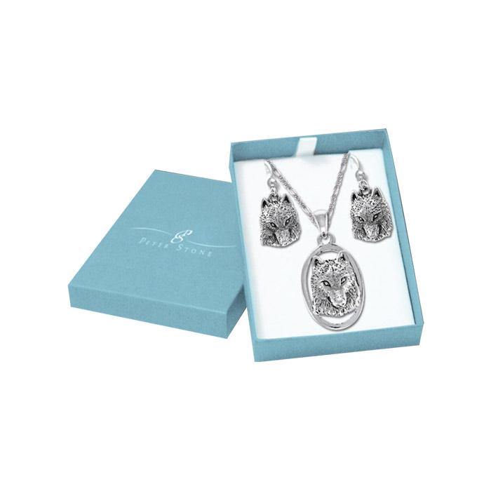 Beyond the wolf majestic presence Silver Pendant Chain and Earrings Box Set SET070 - Jewelry