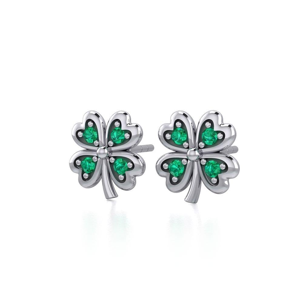 Lucky Four Leaf Clover Silver Post Earrings with Gemstone TER1844 - Jewelry