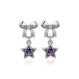 Ribbon with Dangling Gemstone Star Silver Post Earrings TER1854 - Jewelry