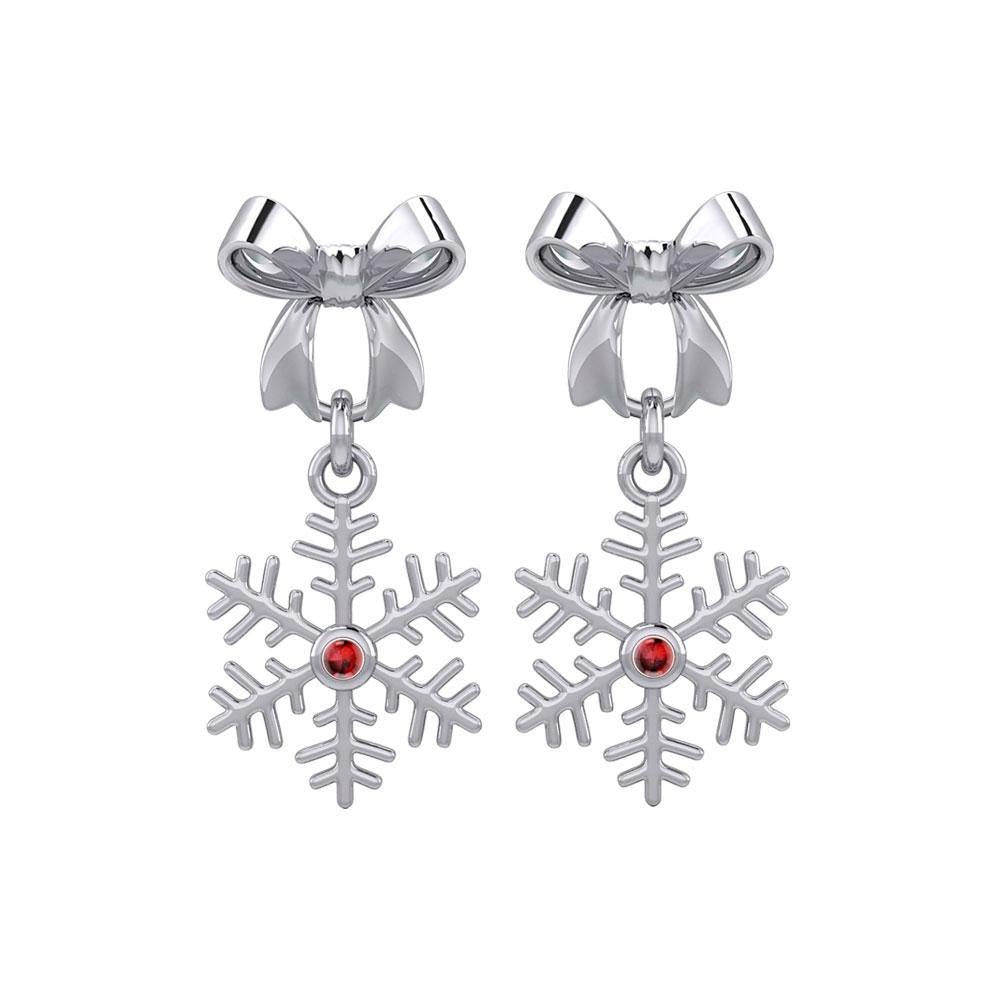 Ribbon with Dangling Gemstone Snowflake Silver Post Earrings TER1855 - Jewelry