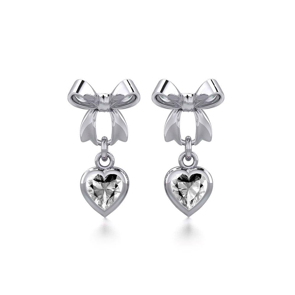 Ribbon with Dangling Gemstone Heart Silver Post Earrings TER1858 - Jewelry