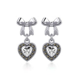 Ribbon with Dangling Marcasite Heart Gemstone Silver Post Earrings TER1860 - Jewelry
