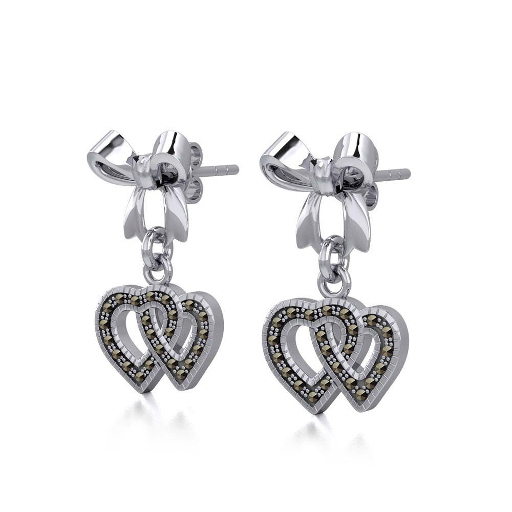 Ribbon with Dangling Marcasite Double Heart Silver Post Earrings TER1862 - Jewelry