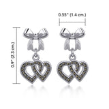Ribbon with Dangling Marcasite Double Heart Silver Post Earrings TER1862 - Jewelry