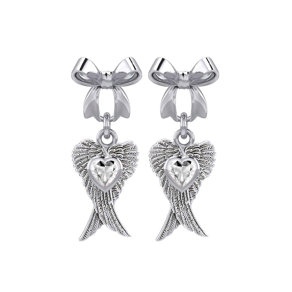 Ribbon with Dangling Double Angel Gemstone Wings Silver Post Earrings TER1866 - Jewelry