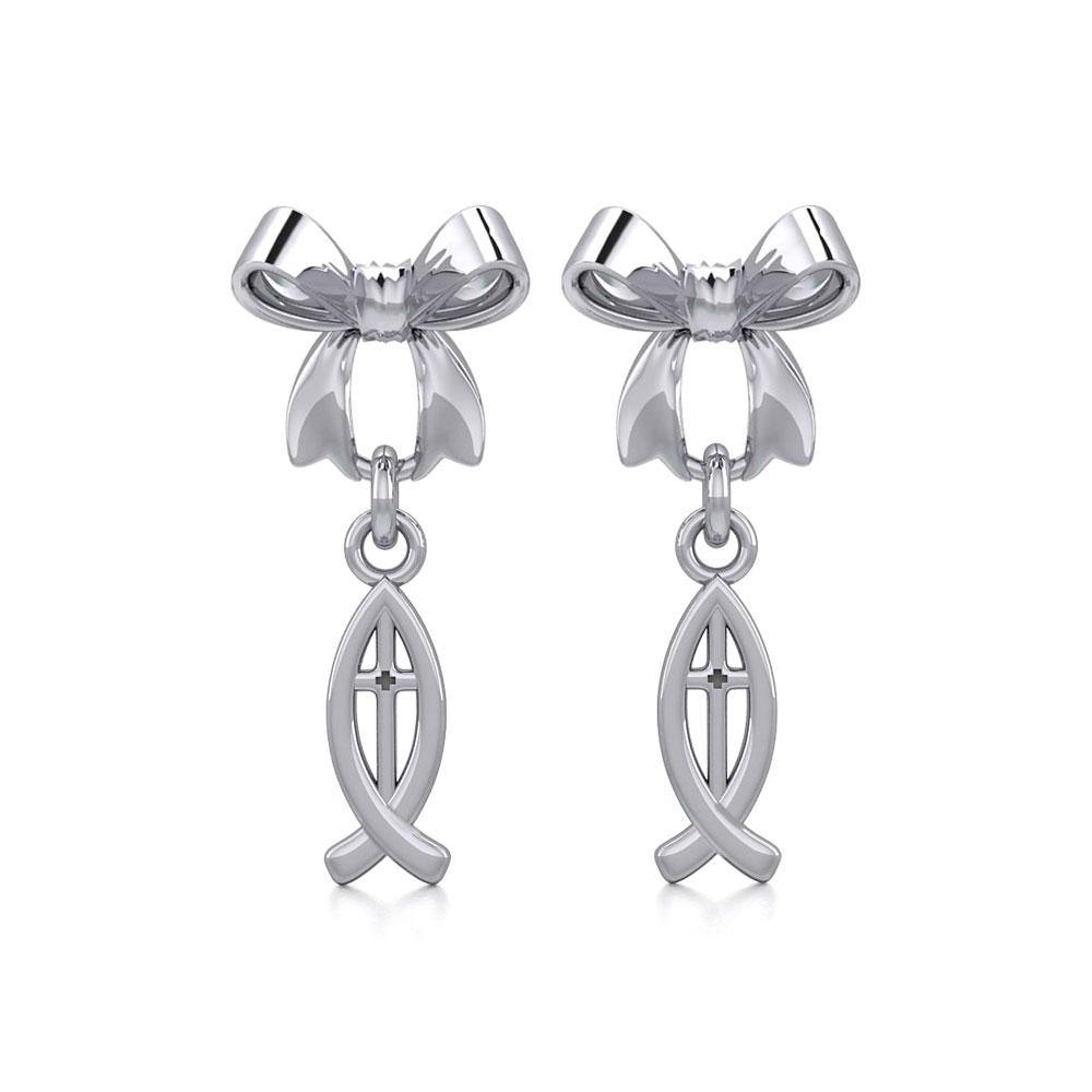 Ribbon with Dangling Christian Fish Silver Post Earrings TER1869 - Jewelry