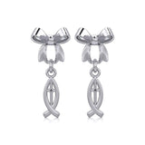 Ribbon with Dangling Christian Fish Silver Post Earrings TER1869 - Jewelry