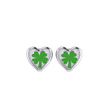 Lucky Heart Four Leaf Clover Silver Post Earrings with Enamel TER1888 - Jewelry