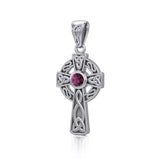 Celtic Knotwork Cross Silver Pendant with Gem TP1412 - Jewelry