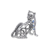Celtic Sitting Cat Silver Gemstones Pendant