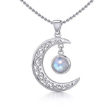 The Filigree Moon Silver Pendant with Dangling Gemstone TPD5263 - Jewelry