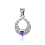 Double Angel Wings Silver Pendant with Gemstone TPD5286 - Jewelry