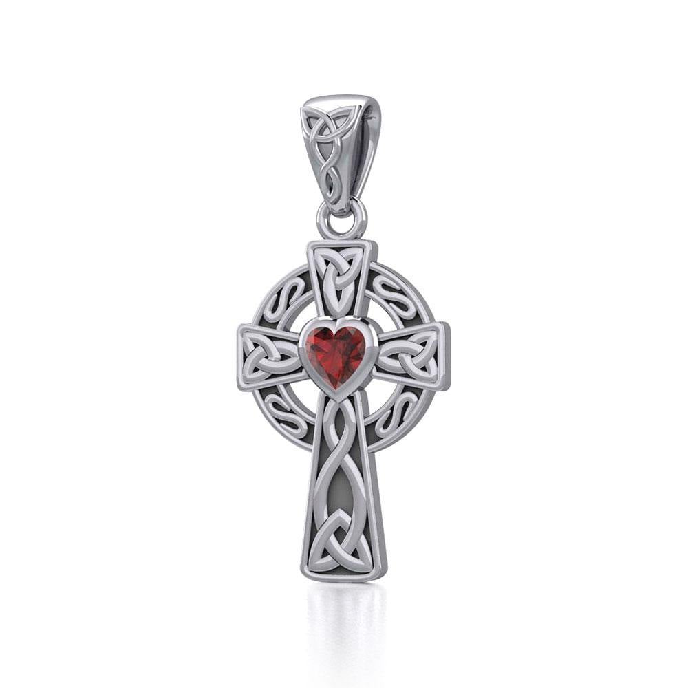 Celtic Cross Silver Pendant with Heart Gemstone TPD5337 - Jewelry