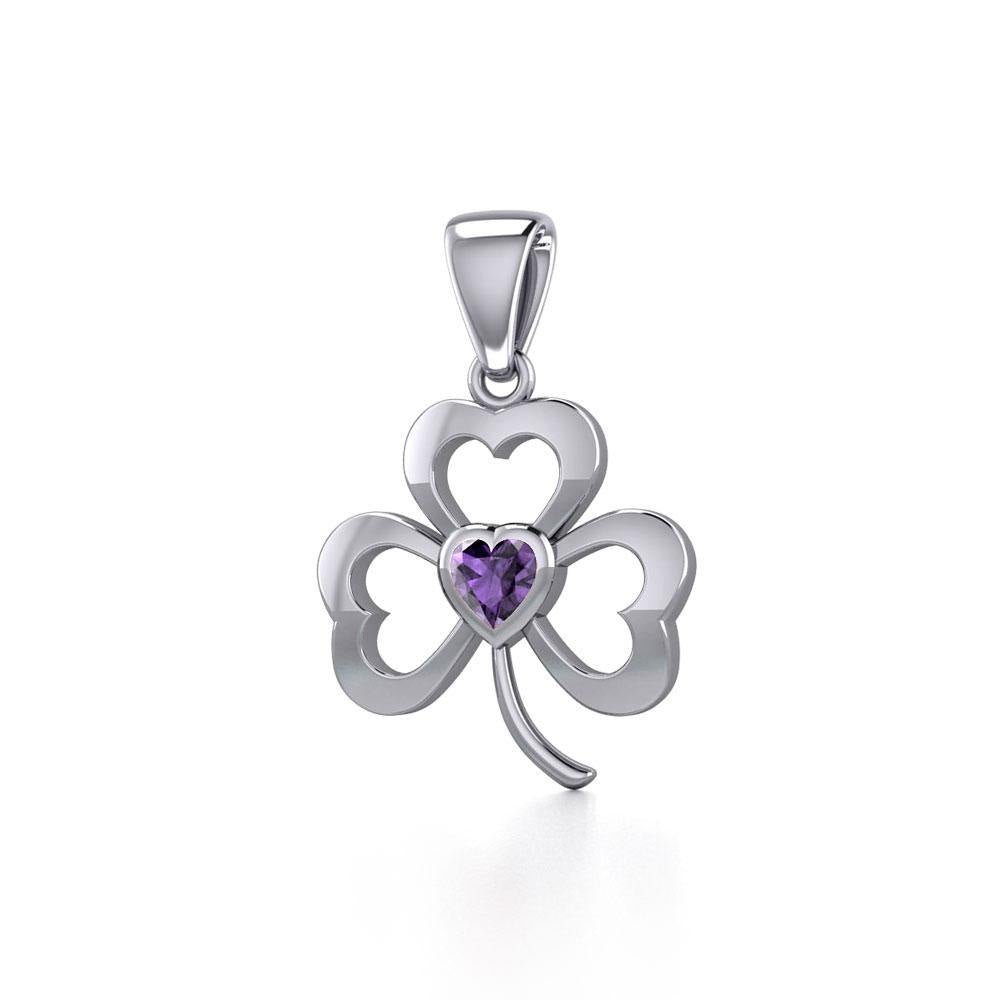 Silver Shamrock Pendant with Heart Gemstone TPD5338 - Jewelry