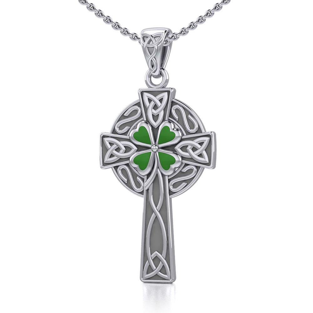 Silver Celtic Cross with Enamel Clover Pendant TPD5358 - Jewelry