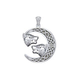 Double Wolf Heads with Celtic Crescent Moon Silver Pendant TPD5424 - Jewelry