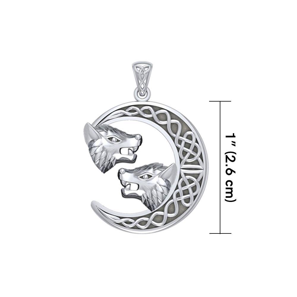 Double Wolf Heads with Celtic Crescent Moon Silver Pendant TPD5424 - Jewelry