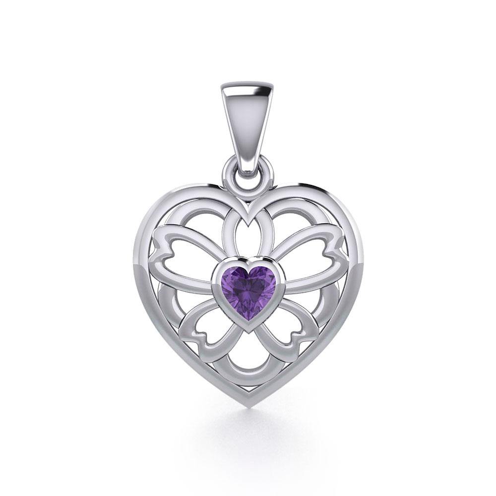 Flower in Heart Silver Pendant with Gemstone TPD5425 - Jewelry