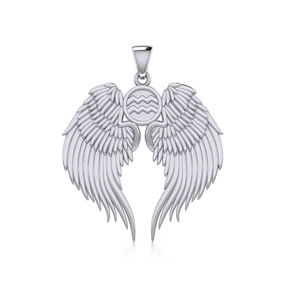 Guardian Angel Wings Silver Pendant with Aquarius Zodiac Sign TPD5513 - Jewelry