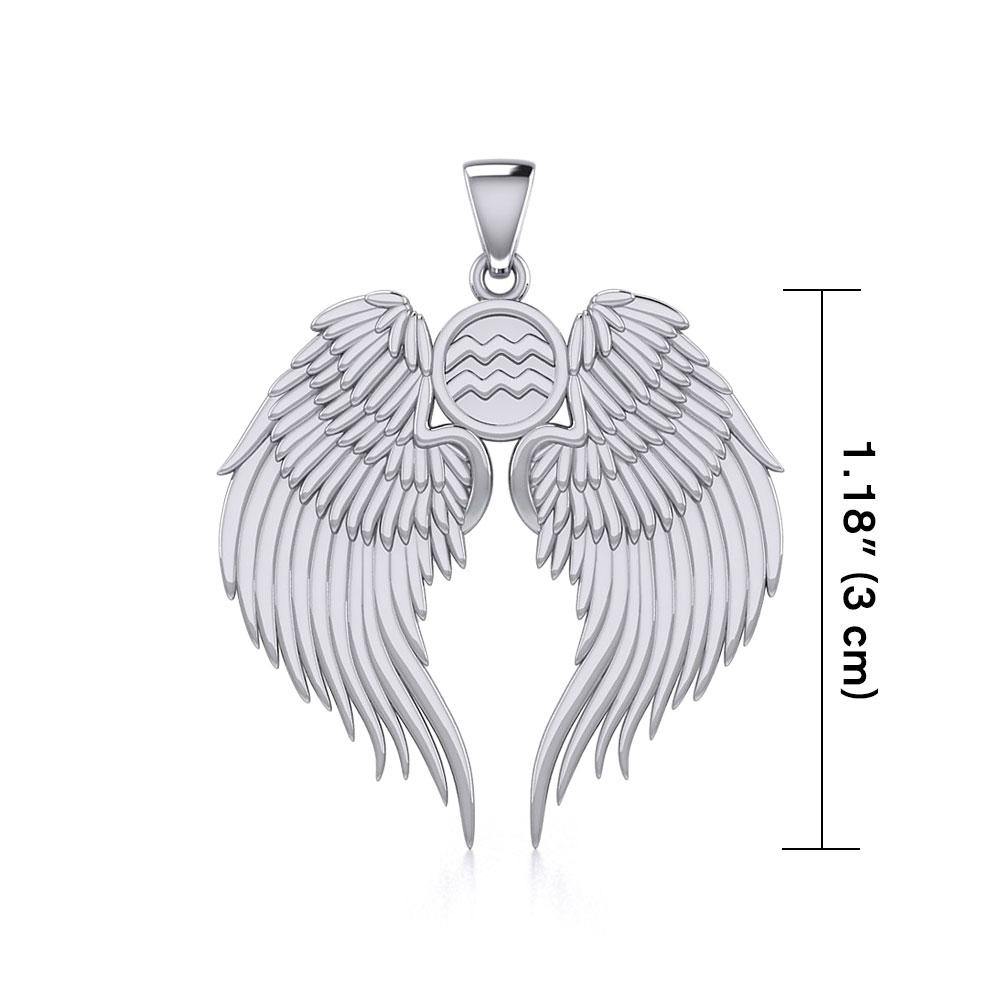 Guardian Angel Wings Silver Pendant with Aquarius Zodiac Sign TPD5513 - Jewelry