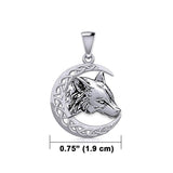 Wolf with Celtic Crescent Moon Silver Pendant TPD5726 - Jewelry