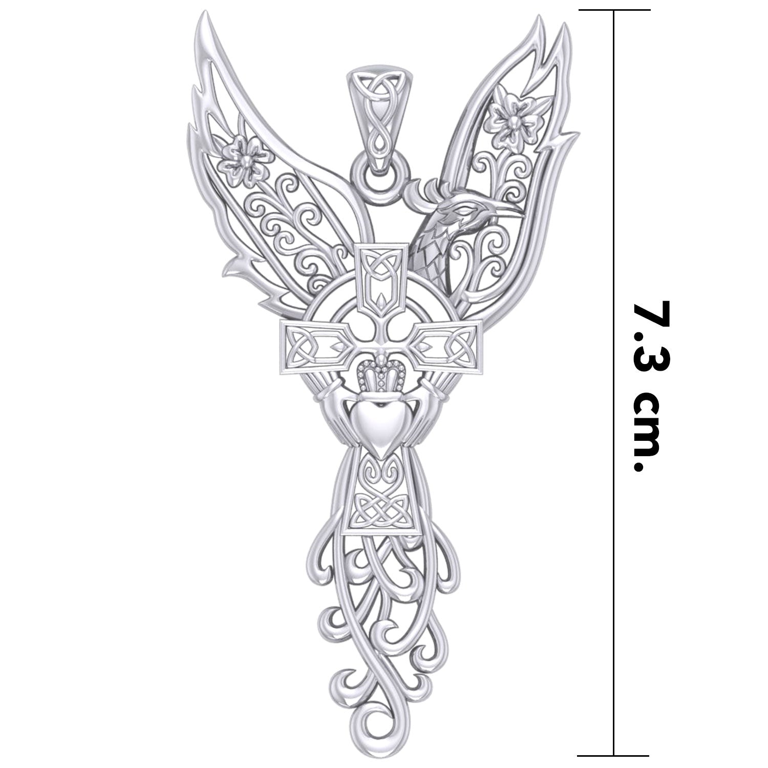 Phoenix Claddagh Cross Filigree Flower Silver Pendant TPD5872