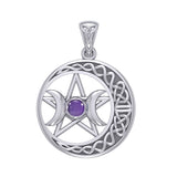 Triple Goddess and Celtic Crescent Moon Silver Pendant with Gemstone TPD5972
