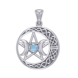 Triple Goddess and Celtic Crescent Moon Silver Pendant with Gemstone TPD5972