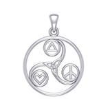 Celtic Triskele with Peace Heart and Recovery Symbols Silver Pendant TPD7016