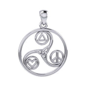 Celtic Triskele with Peace Heart and Recovery Symbols Silver Pendant TPD7016