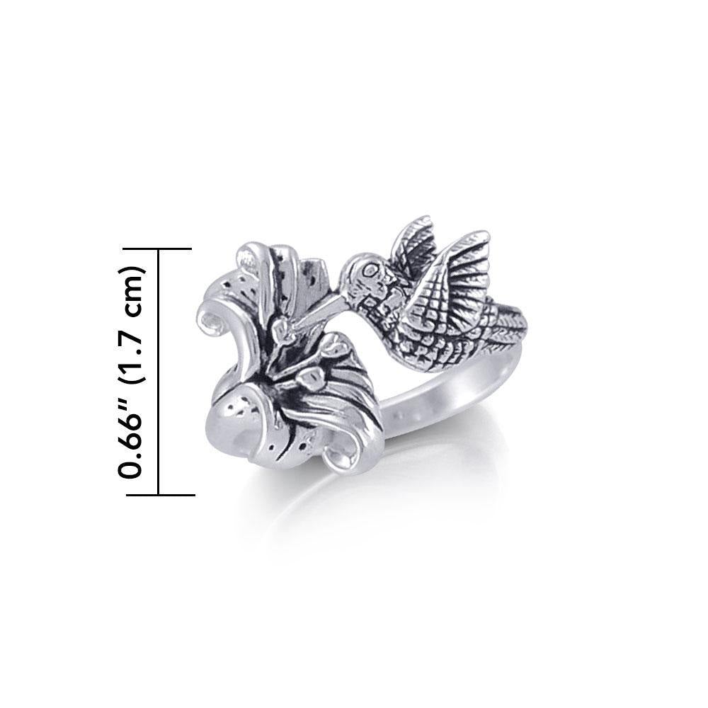 Hummingbird Suspended in Flight and Sweet Flowers Nectar Shimmering in Sterling Silver Ring TRI1805 - Jewelry