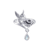 Silver Flying Hummingbird with Dangling Gemstone Flower Ring TRI1808 - Jewelry
