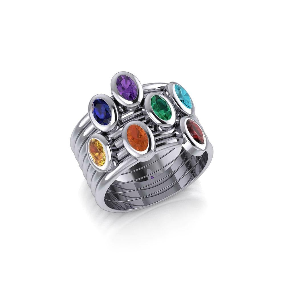 Oval Chakra Gemstone on Silver Stack Ring TRI1856 - Jewelry