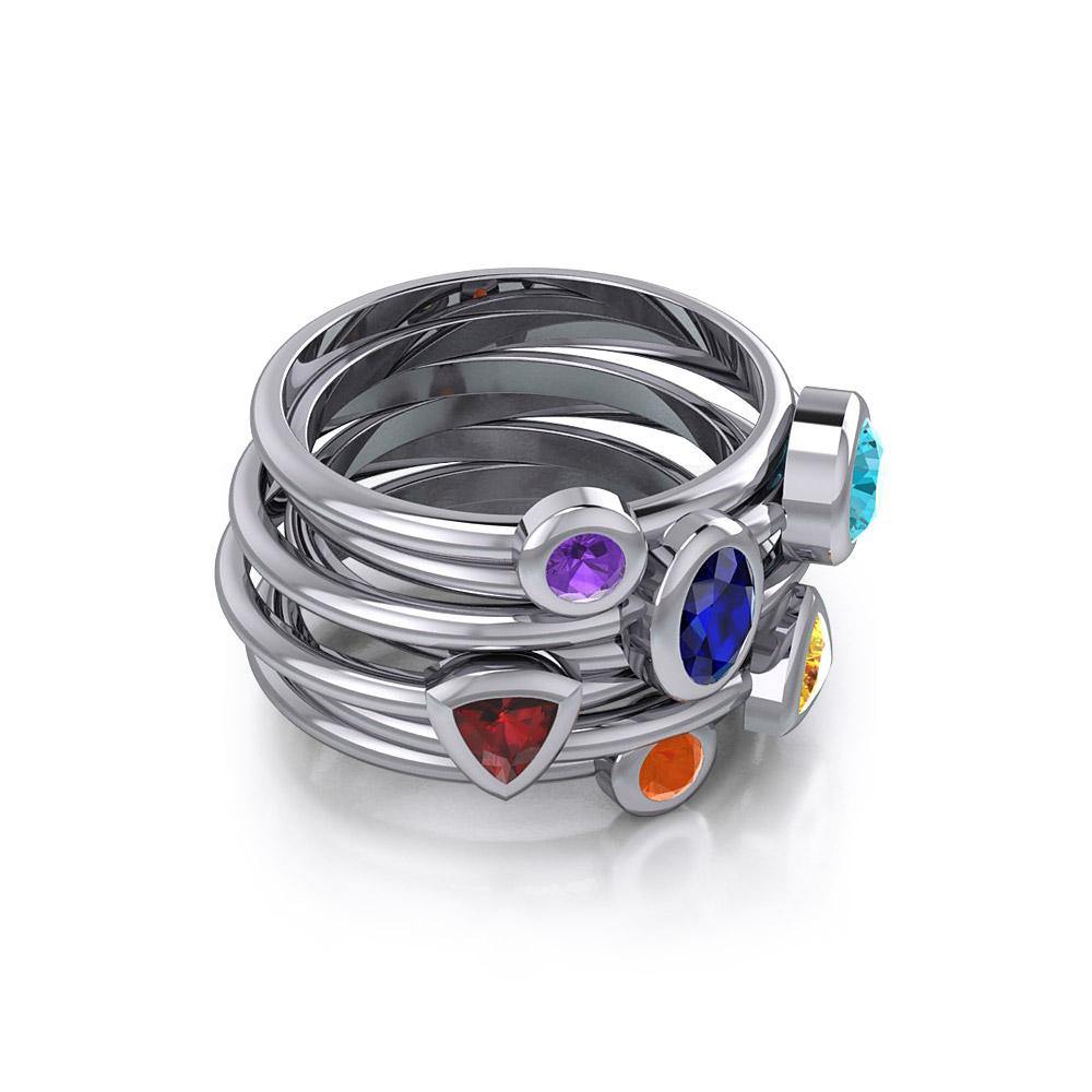 Oval Chakra Gemstone on Silver Stack Ring TRI1897 - Jewelry