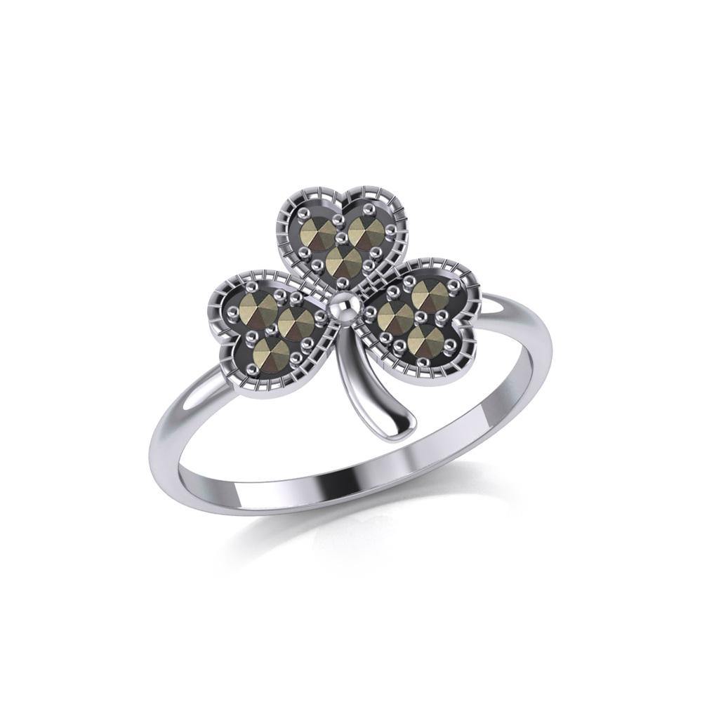 A young spring of luck and happiness Silver Celtic Shamrock Ring with Marcasite TRI2029 - Jewelry