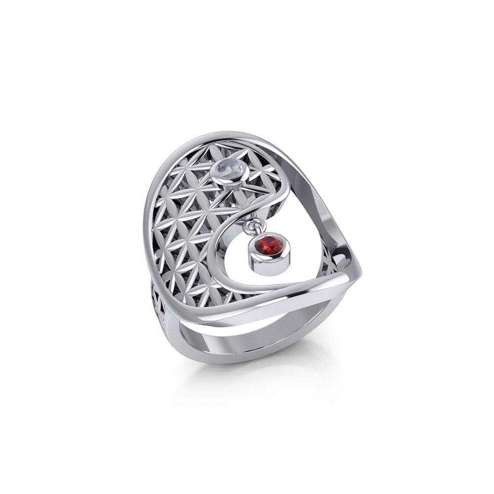 Yin Yang Flower of Life Silver Ring with Gem TRI2169 - Jewelry