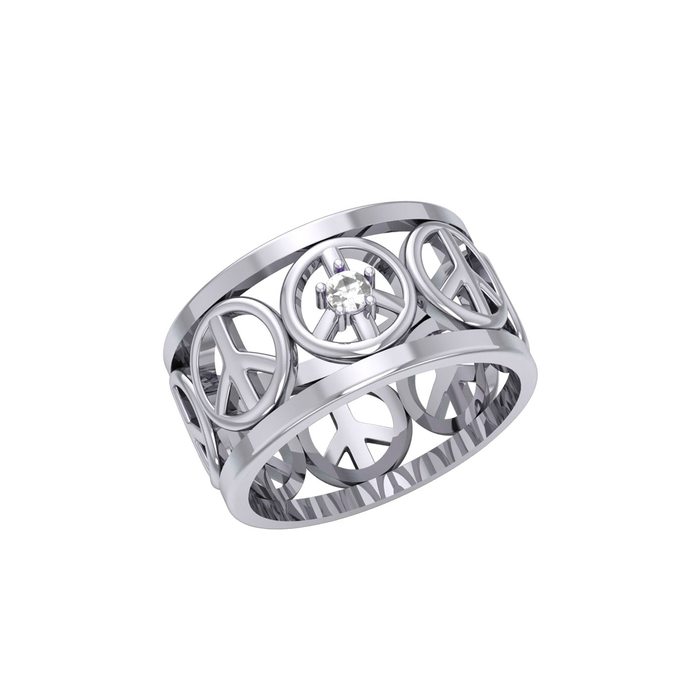 Peace Symbols Silver Band Ring With Gemstone TRI2402