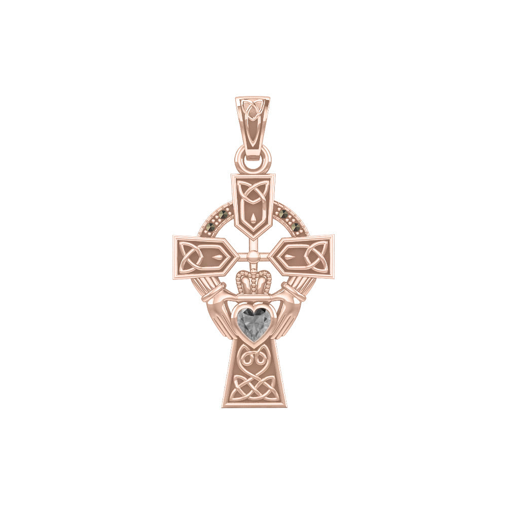 Celtic Cross and Irish Claddagh Rose Gold Pendant with Heart Gemstone UPD5340