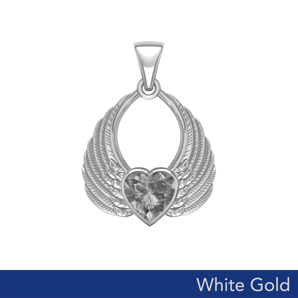 Gemstone Heart Angel Wings White Gold Pendant WPD5169