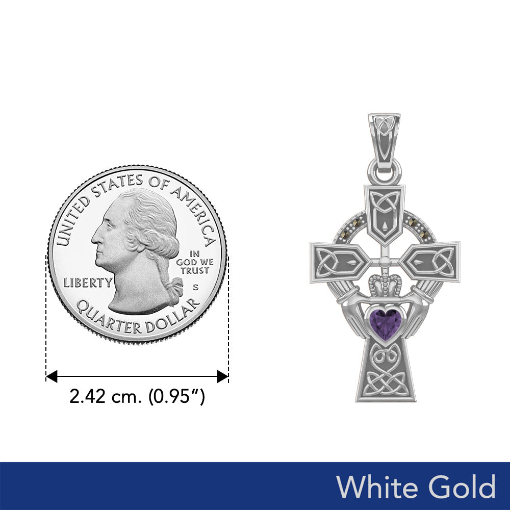Celtic Cross and Irish Claddagh White Gold Pendant with Heart Gemstone WPD5340