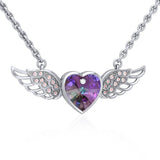 Angel Wings Crystal Heart 18” Necklace with White Aurore Boreale Crystal Wing