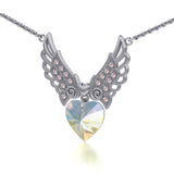 Angel Wings Dangling Crystal Heart 18” Necklace with White Aurore Boreale Crystal Wing - Jewelry