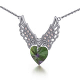 Angel Wings Dangling Crystal Heart 18” Necklace with White Aurore Boreale Crystal Wing - Jewelry